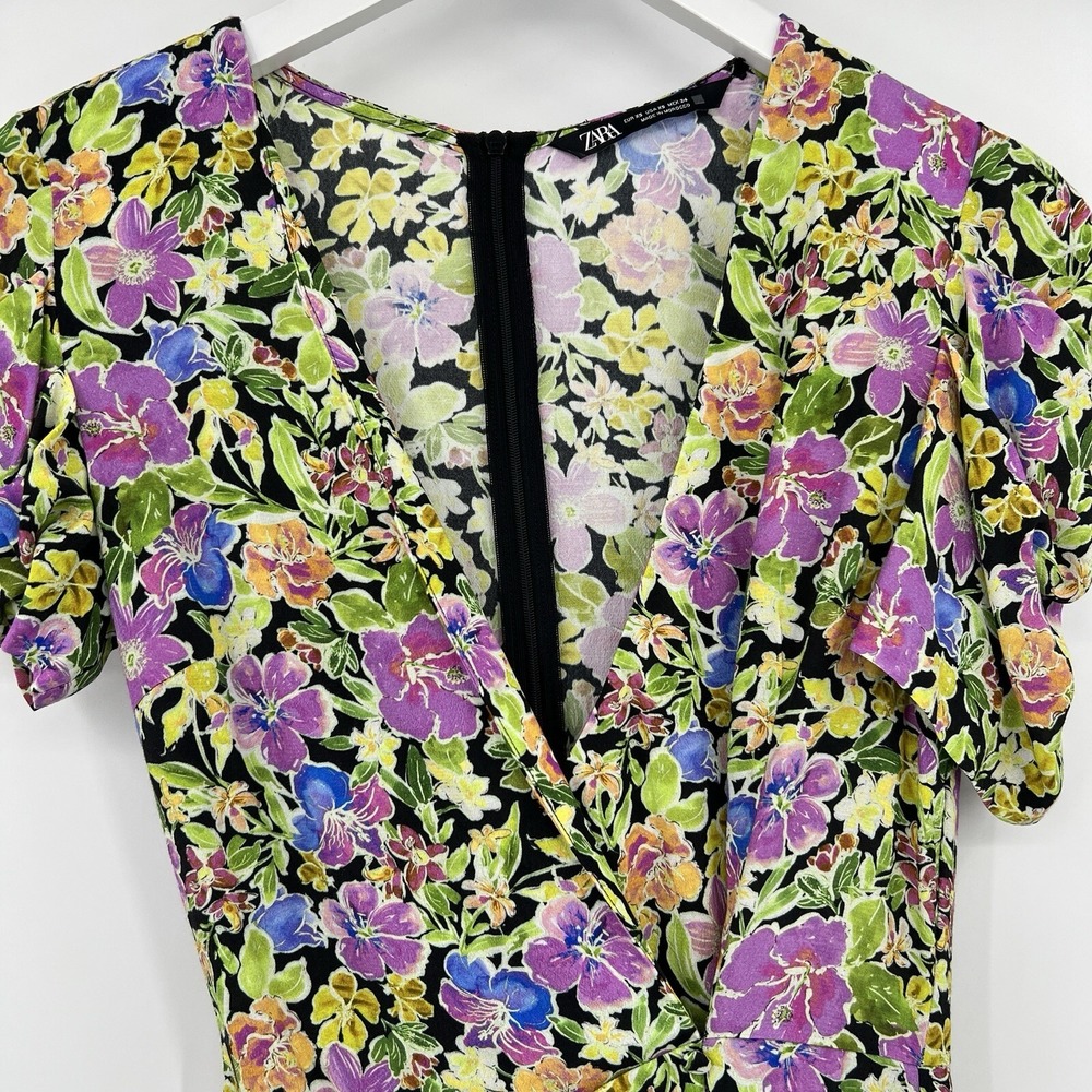 Zara Floral Wrap Mini Dress Short Sleeve Button Side Ruched Green Purple Size XS - Picture 3 of 8